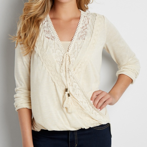 Maurices Tops - Cross front top lace crochet tassel tie deep v